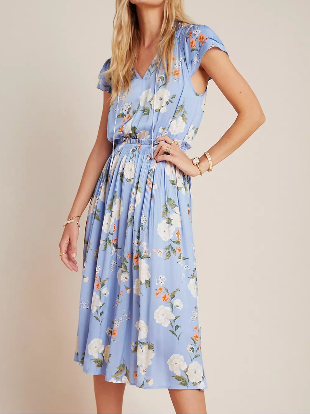Current Air Felicity Midi Dress Blue Floral Dainty Spliced Neck With Tie Size M